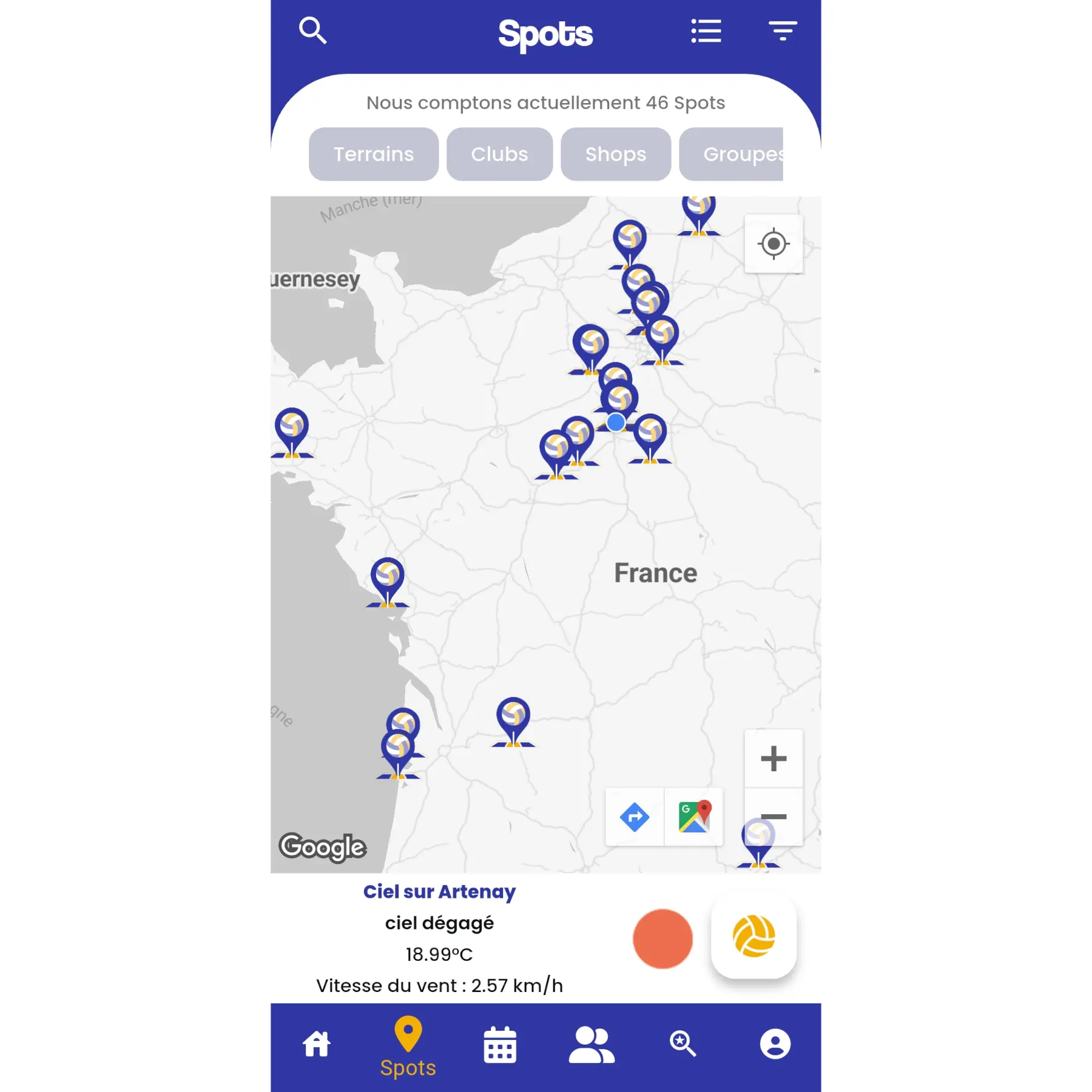 Cartes des Spot Master Spot Volley - app