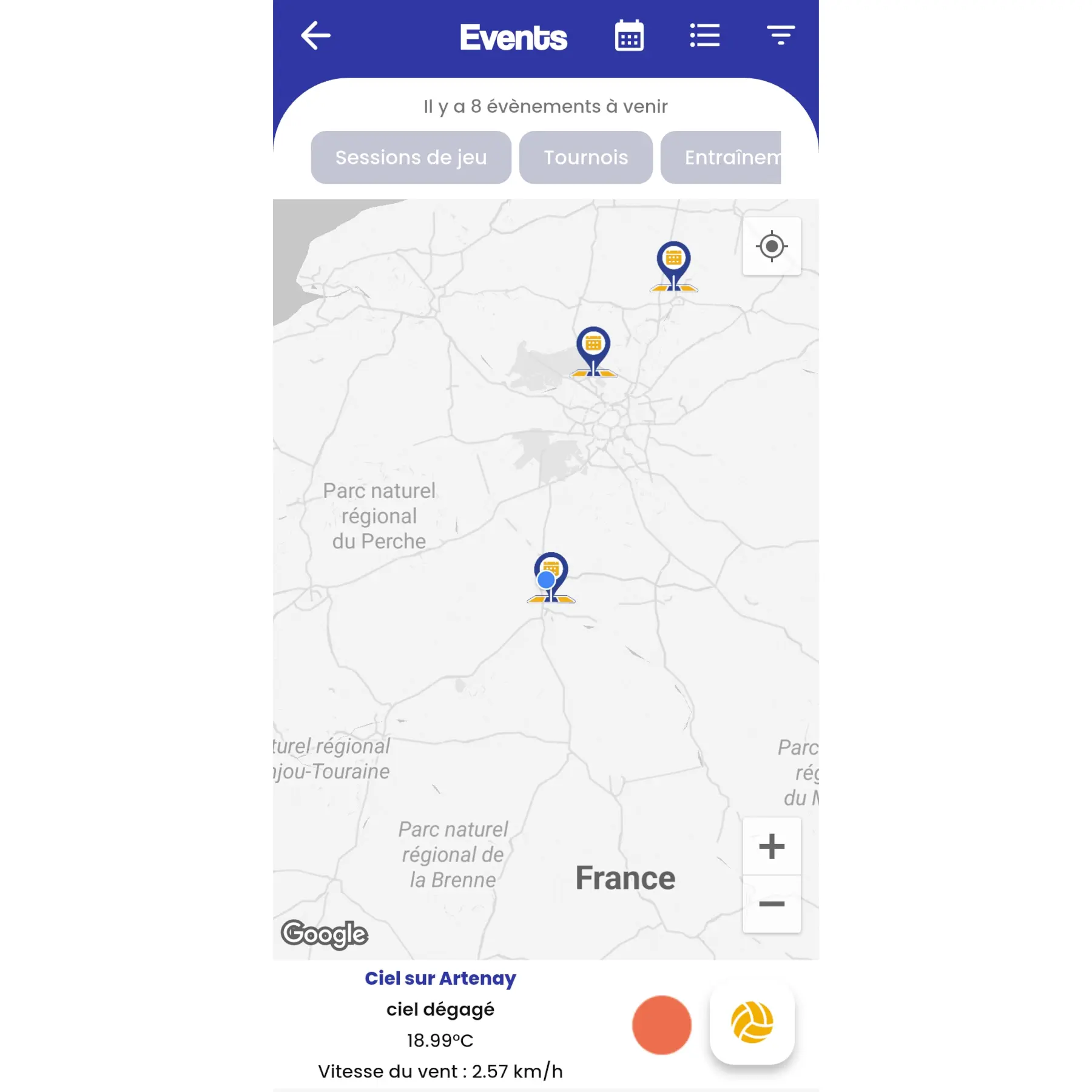 La carte des Event Master Spot Volley - app
